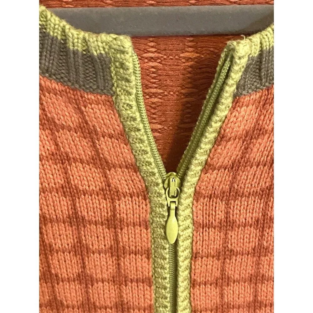 Talbots Womens Cardigan Sweater L Orange/Green Checkered Pattern Elbow patches - Picture 5 of 10